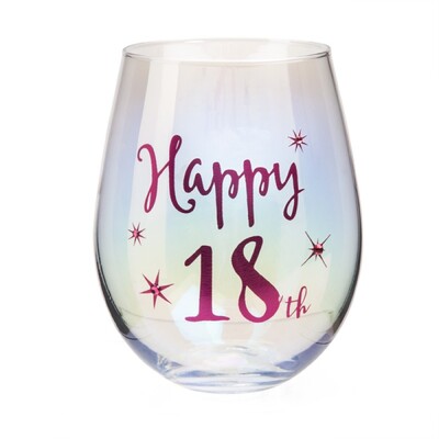 Iridescent Pink Happy 18th Boxed Stemless Wine Glass