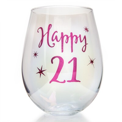 Iridescent Pink Happy 21st Boxed Stemless Wine Glass