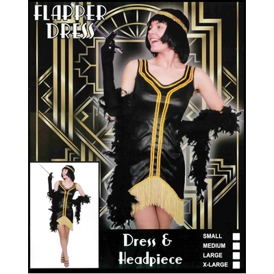 Adult Black & Gold 1920s Flapper Dress Costume (Medium, 12-14)