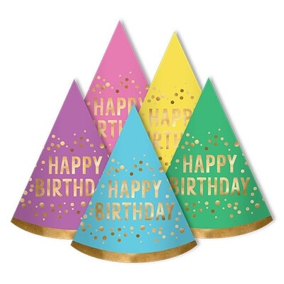 Happy Birthday Foiled Party Hats Assorted Pk 8