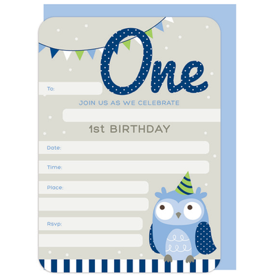 1st Birthday Boy Invitations & Envelopes Pk 16