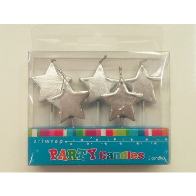 Silver Stars Party Candles Pk 5
