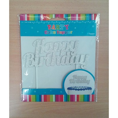 Happy Birthday Silver Glitter Cake Topper Decoration Pk 1