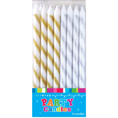 Assorted Gold & Silver Glittered Stripe Party Candles (12cm) Pk 16