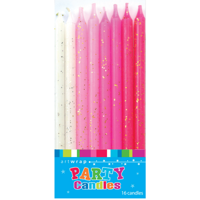 Assorted Pinks & White Glittered Party Candles (12cm) Pk 16
