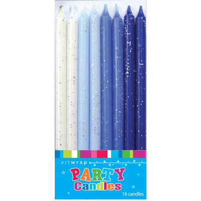 Assorted Blues & White Glittered Party Candles (12cm) Pk 16