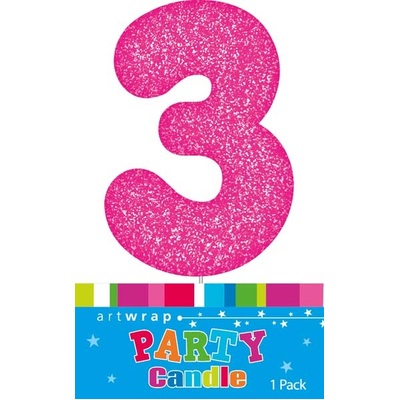 Pink Glitter Number 3 Three Cake Candle (6cm)
