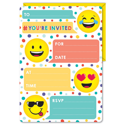 Emoji Party Invitations & Envelopes Pk 16