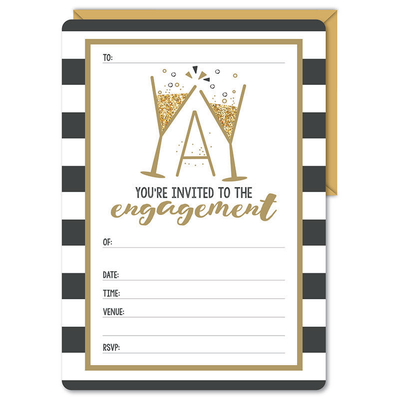 Engagement Black & Gold Party Invitations & Envelopes Pk 16