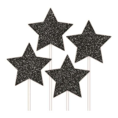 Black Glitter Star Cake Toppers (Pk 4)