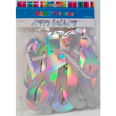 Happy Birthday Metallic Silver Iridescent Banner (2m) Pk 1