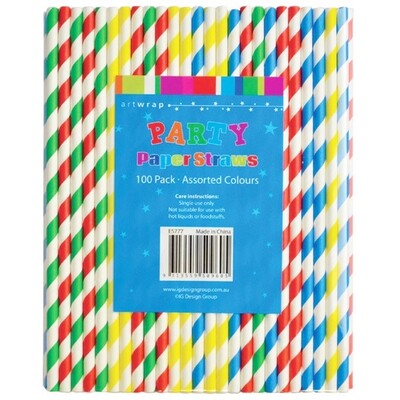 Assorted Colour Striped Paper Straws Pk 100