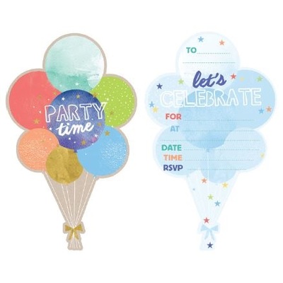 Balloon Bunch Party Time Invitations & Envelopes (Pk 8)