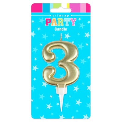 Metallic Gold Number 3 Cake Candle Large Birthday Anniversary Candle