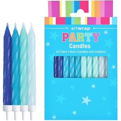 Pastel Blues Spiral Cake Candles with Holders (Pk 24)