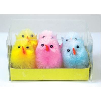 Happy Easter Pink, Yellow and Blue Fluffy Chicks (Pk 6)