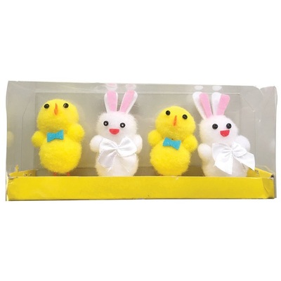 Happy Easter Yellow Fluffy Chicks and White Bunnies (Pk 4)
