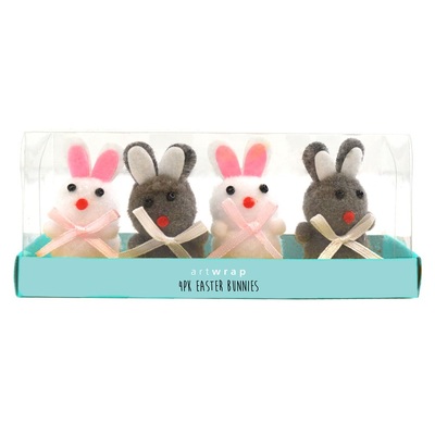 Happy Easter White and Grey Pom Pom Bunnies with Bows (Pk 4)