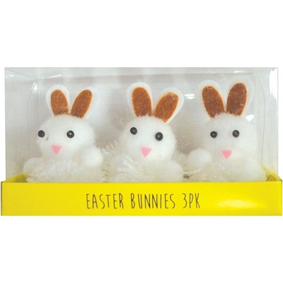 Happy Easter White & Brown Pom Pom Fluffy Bunnies (Pk 3)