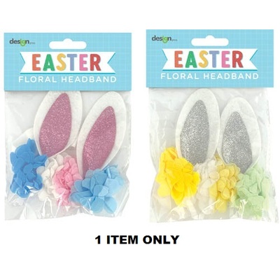 Assorted Easter Bunny Ears & Flowers on Elastic Headband (Pk 1)