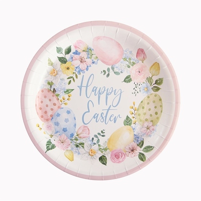 Pastel Happy Easter Wreath 23cm Paper Plates (Pk 12)