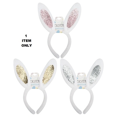 Assorted Colour Plush Glitter Bunny Ears Headband (Pk 1)