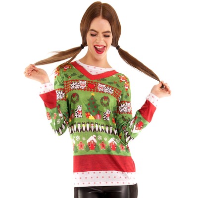 Christmas Cat Sweater Women's Faux Real Long Sleeve Shirt (Medium) Pk 1