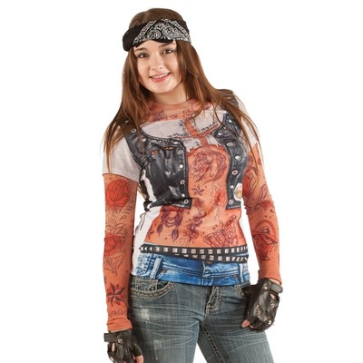Women's Biker Chick Faux Real Shirt with Mesh Tattoo Sleeves (Large) Pk 1