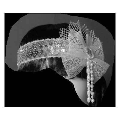 Silver Glitter Flapper Headband with Net Bow & Pearls Pk 1