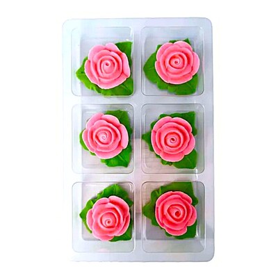 Pink Tiny Rose Edible Icing Sugar Cake Decorations 6 Pack | Green Leaves
