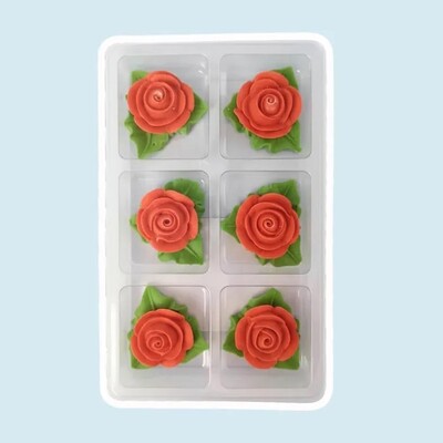 Red Tiny Rose Edible Icing Sugar Cake Decorations 6 Pack | Green Leaves