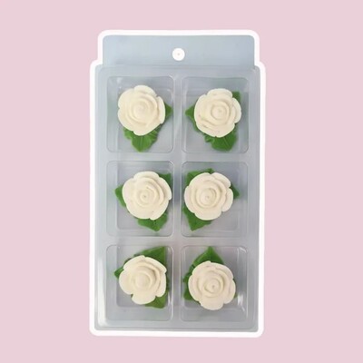White Tiny Rose Edible Icing Sugar Cake Decorations 6 Pack | Green Leaves