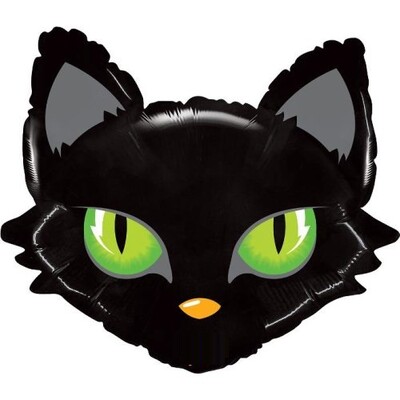 Halloween Black Cat Head Supershape Foil Balloon 25 Inch | Green Eyes Party Decoration