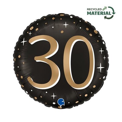 30th Birthday Foil Balloon Black Gold Sparkle 14 Inch Air or Helium