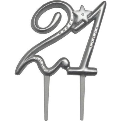 Silver 21 Cake Topper Decoration