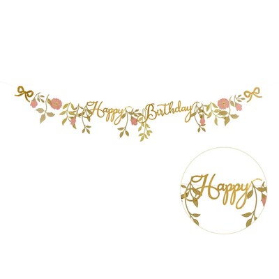 Happy Birthday Pink & Gold Floral Bunting Banner | 1.3m Reusable Party Decoration