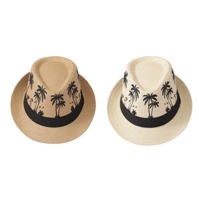 Assorted Woven Fedora Hat with Palm Trees & Black Band (Pk 1)