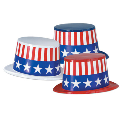 Assorted Colour Plastic Top Hat with USA American Band Pk 1 (1 HAT ONLY)