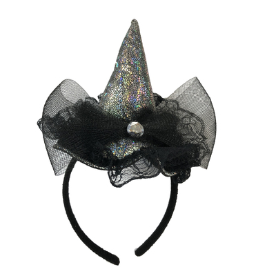 Halloween Silver Black Lace Mini Witch Hat on Headband