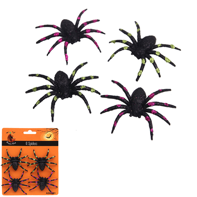 Glittered Spiders Halloween Decorations (Pk 4)