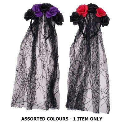 Day Of The Dead Floral Headband with Veil Halloween Assorted Pk 1