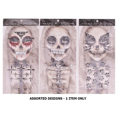 Halloween Self Adhesive Face & Chest Gems Jewels Pk 1 Cat Vampire Skeleton