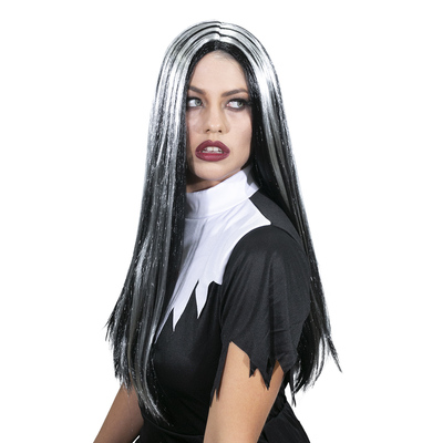 Long Black & Silver Witch Wig Halloween (Pk 1)