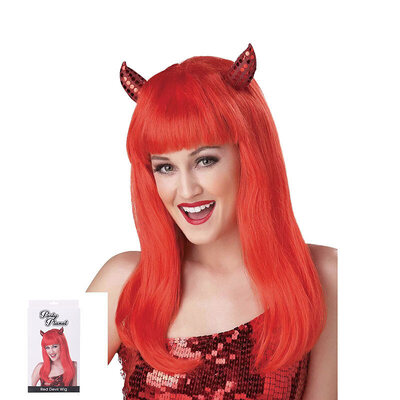 Long Red Halloween Devil Wig with Horns