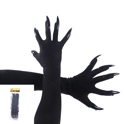 Long Black Halloween Gloves with Black Nails (1 Pair)