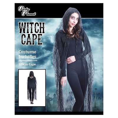Adult Black Lace Halloween Hooded Cape 120cm