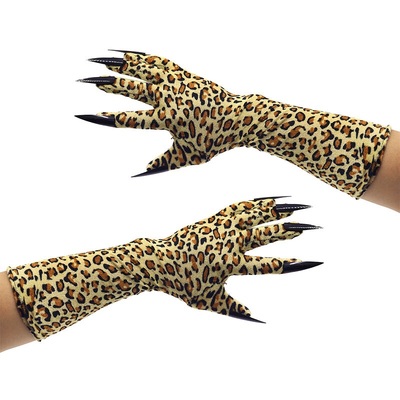 Long Leopard Print Halloween Gloves with Nails (1 Pair)