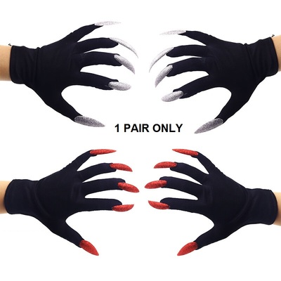 Short Black Gloves with Red or Silver Clawed Nails Talons (1 Pair)