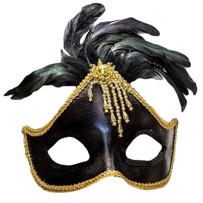 Black & Gold Masquerade Mask With Black Feathers