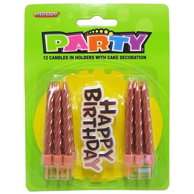 Metallic Rose Gold Cake Candles with Happy Birthday Decoration Pk 12